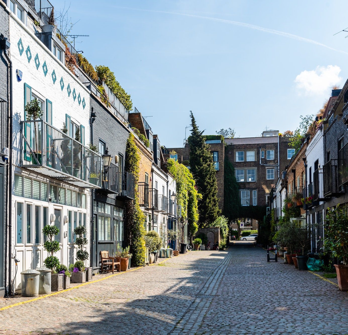 View of the picturesque St Lukes Mews alley in Notting Hill